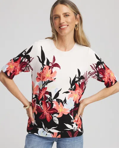 Chico's Floral Print Crewneck Sweater In White In Sand