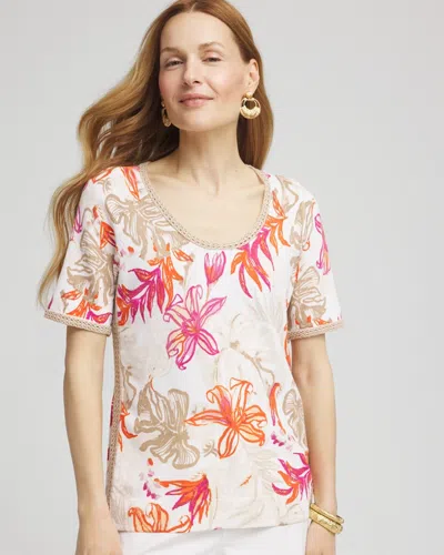 Chico's Floral Print Crochet-trim Pullover Sweater In White