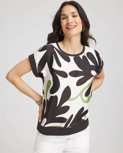 Chico's Floral Rib-knit Satin Top In White In Sand