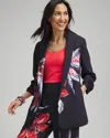 Chico's Floral Ruched Sleeve Soft Jacket In Blue Size Xl |  In Navy Blue