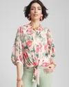 Chico's Floral Satin Tie-front Pullover Top In Coral Blossom Size 0/2 |  In Coral Blossom