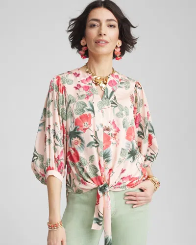 Chico's Floral Satin Tie-front Pullover Top In Coral Blossom Size 0/2 |