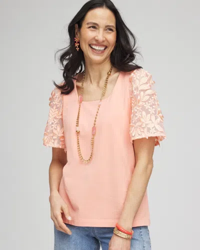 Chico's Floral Sleeved Square-neck Tee In Coral Blossom Size 20/22 |