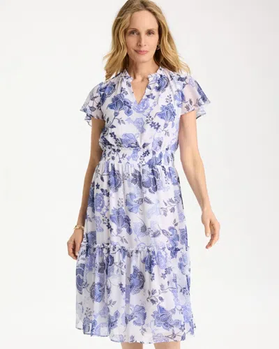 Chico's Floral Smocked Waist Dress In White In Blue