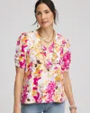 Chico's Floral Split Neck Henley Tee In White Size 20/22 |  In Alabaster