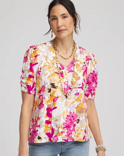 Chico's Floral Split Neck Henley Tee In White Size 20/22 |  In Alabaster