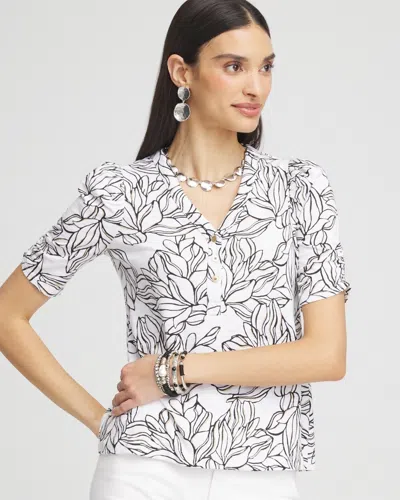 Chico's Floral Split Neck Henley Tee In White Size 8/10 |  In Alabaster