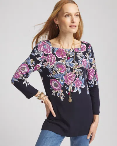 Chico's Floral Square Neck Tunic Top In Blue Size 20/22 |  In Classic Navy