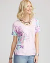 Chico's Floral Sweater-trim Linen Tee In Purple In Purple
