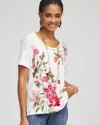 Chico's Floral Sweater Trim Linen Tee In White Size 8/10 |  In Alabaster