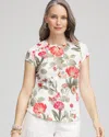 Chico's Floral Textured Cap Sleeve Tee In White Size 16/18 |  In Alabaster