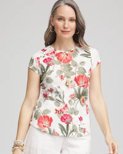 Chico's Floral Textured Cap Sleeve Tee In White Size 16/18 |  In Alabaster