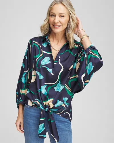 Chico's Floral Tie-front Batwing Blouse In Blue Size 20/22 |  In Passport Blue