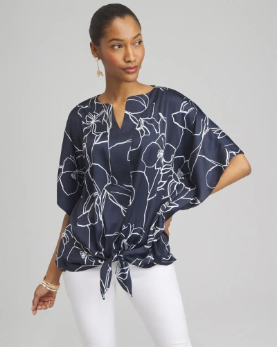 Chico's Floral Tie-front Shirt In Navy Blue Size Small |