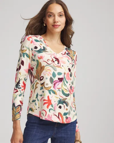 Chico's Floral Touch Of Cool V-neck Layering Tee In Cashew In Multi