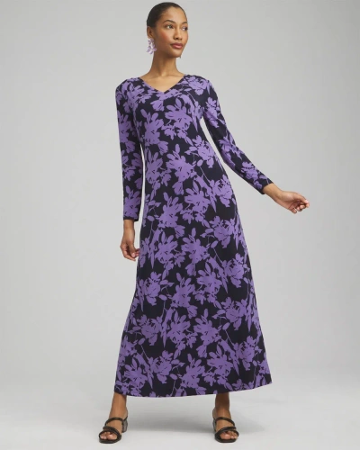 Chico's Floral V-neck Maxi Dress In Navy Blue Size 4/6 |