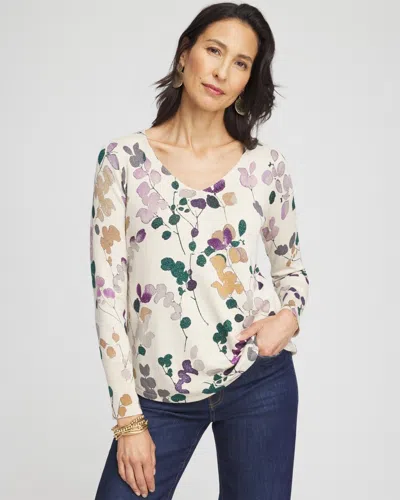 Chico's Floral V-neck Pullover Sweater In Purple Size 4/6 |  In Midnight Violet