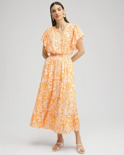 Chico's Flutter Sleeve Tiered Maxi Dress In Orange Size 8 |  In Nectarine