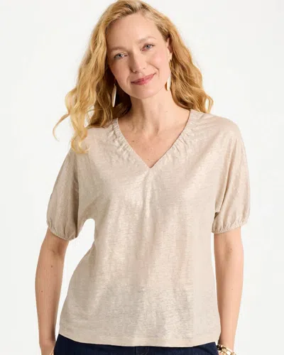 Chico's Fog Foiled Linen Ruched V-neck Tee In Taupe In Neutral