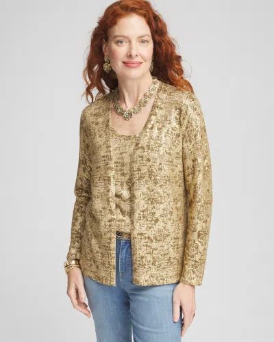 Chico's Foil Print Long-sleeve Cardigan Sweater In Tan Size 8/10 |  In Neutral