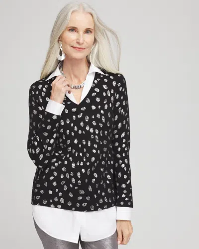 Chico's Foil Spotted Built-in Shirt Knit Sweater In Black Size 8/10 |