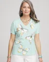 Chico's Foiled Butterfly Cotton V-neck Tee In Teal Waters Size 16/18 |  In Teal Waters