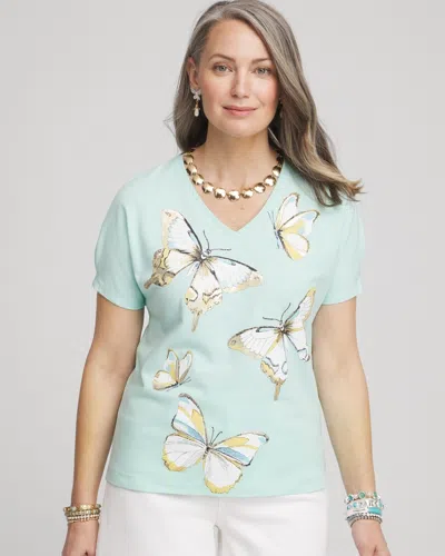 Chico's Foiled Butterfly Cotton V-neck Tee In Teal Waters Size 16/18 |