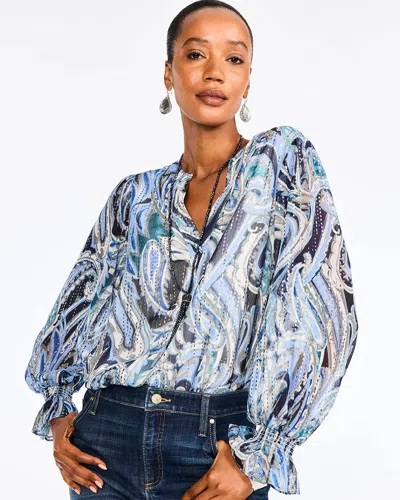 Chico's Foiled Crinkle Chiffon Blouson-sleeve Blouse In Majestic Midnight
