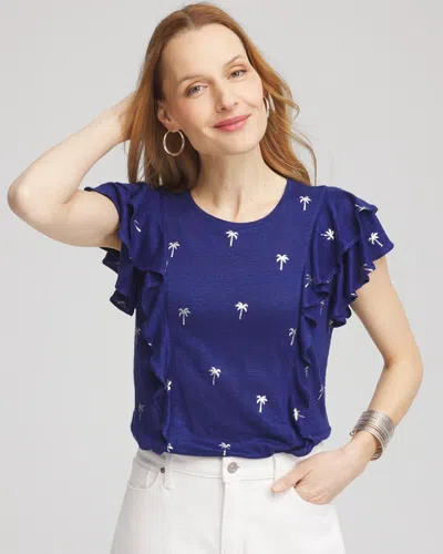 Chico's Foiled Flutter-sleeve Linen Tee In Blue