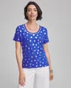 Chico's Foiled Polka-dot Sweater-trim Linen Tee In Blue