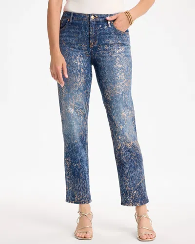 Chico's Foiled Snake Girlfriend Straight Ankle Jeans In Colubra Indigo