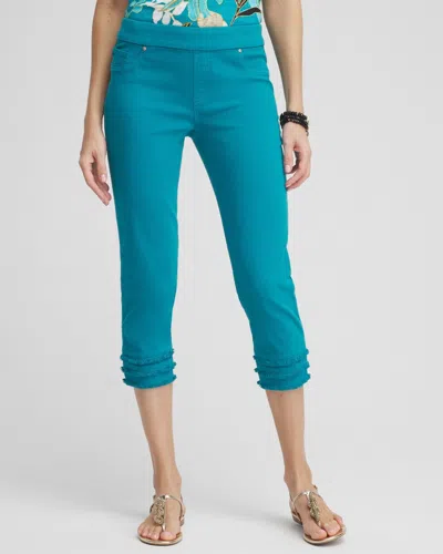 Chico's Fray Hem Pull-on Cropped Capri Jeans In Peacock Blue Size 10 |