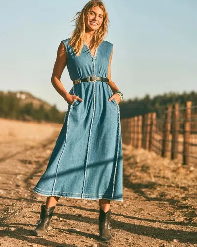 Chico's Frayed Denim Maxi Dress In Bailey Indigo