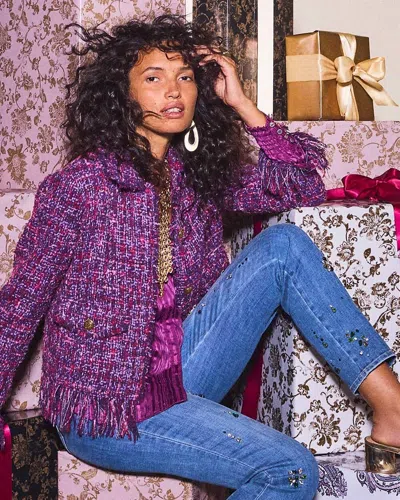 Chico's Fringe Tweed Jacket In Purple Size Xl |
