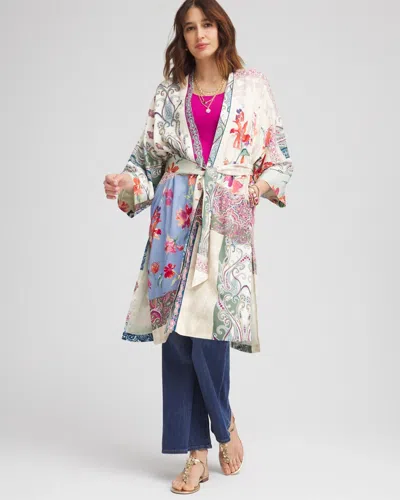 Chico's Fully Lined Long Silk Kimono In Green