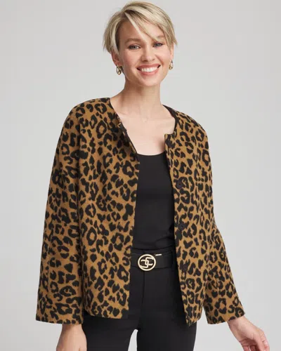 Chico's Fuzzy Collarless Animal Print Jacket In Tan