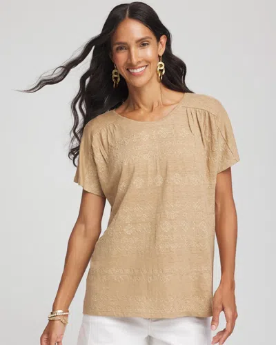 Chico's Geo Embroidered Linen Tee In Brown