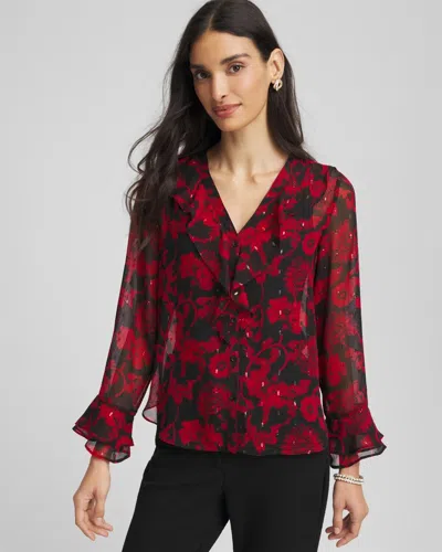 Chico's Georgette Clip Dot Ruffle Blouse In Carmine Red
