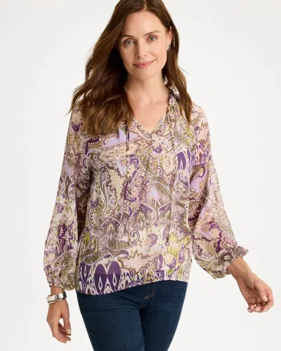 Chico's Georgette Ruffle Neck Paisley Blouse In Harvest Purple