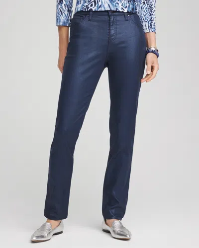 Chico's Girlfriend Coated Animal Print Jeans In Adriatic Blue Size 12 |