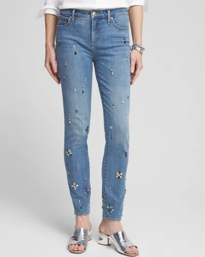 Chico's Girlfriend Embellished Ankle Jeans In Underwater Medium Wash Denim