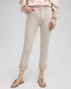 CHICO'S GIRLFRIEND EMBELLISHED FRAY CROPPED JEANS IN LIGHT TAN SIZE 10 | CHICO'S