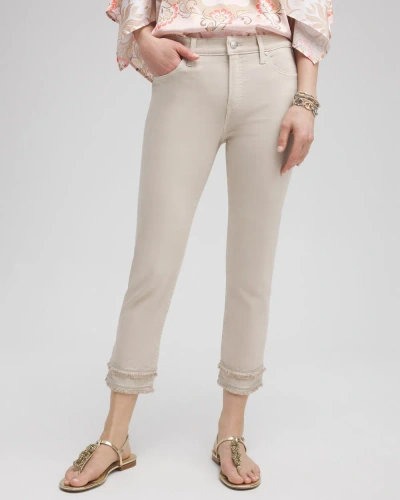 Chico's Girlfriend Embellished Fray Cropped Jeans In Light Tan Size 4 |