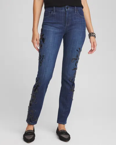 Chico's Girlfriend Embroidered Ankle Jeans In Marina Bay Indigo Size 16 |