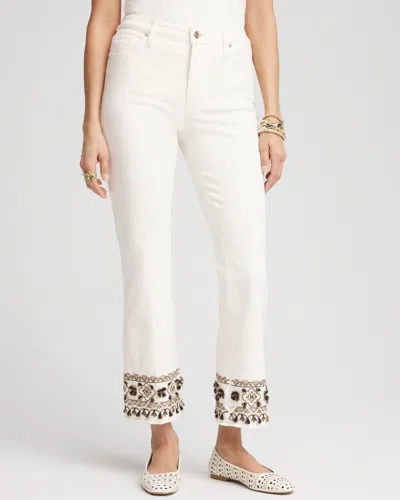 Chico's Girlfriend Embroidered Kick Flare Jeans In White Size 16/18 |  In Ecru