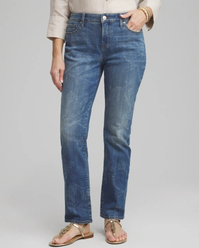 Chico's Girlfriend Laser Print Jeans In Medium Wash Indigo Size 0/2 |  In Newberry Indigo