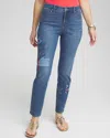 CHICO'S GIRLFRIEND PATCHWORK ANKLE JEANS IN PALACE INDIGO SIZE 18 | CHICO'S