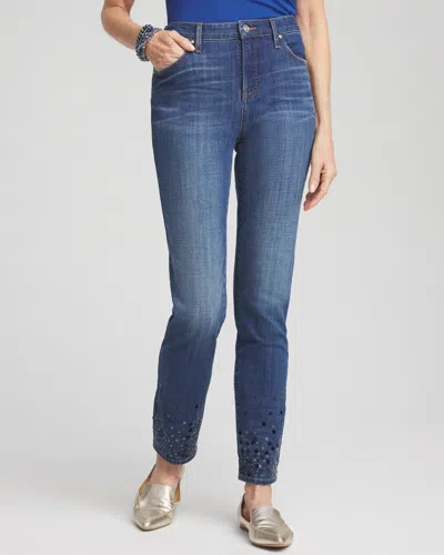 Chico's Girlfriend Sequin Ankle Jeans In Cirrus Indigo Size 16 |