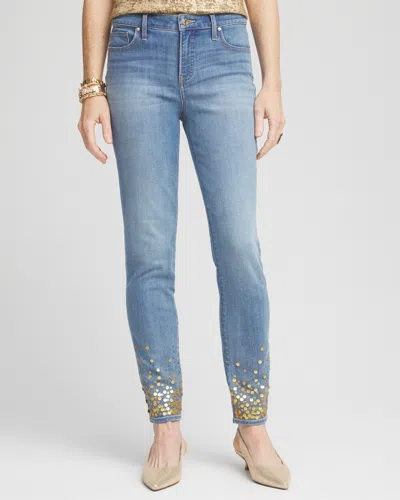 Chico's Girlfriend Sequin Ankle Jeans In Tan Size 16 |  In Thiva Indigo