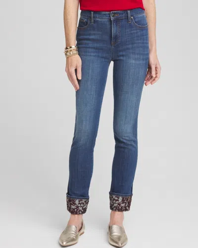 Chico's Girlfriend Sequin Cuff Ankle Jeans In Winter Sky Indigo Size 14 |